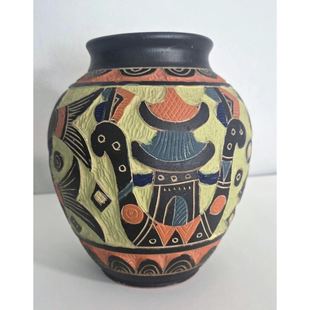 Vintage Okinawa‎ Japan Pottery Vase Hand Carved Double Sided RARE Multicolored